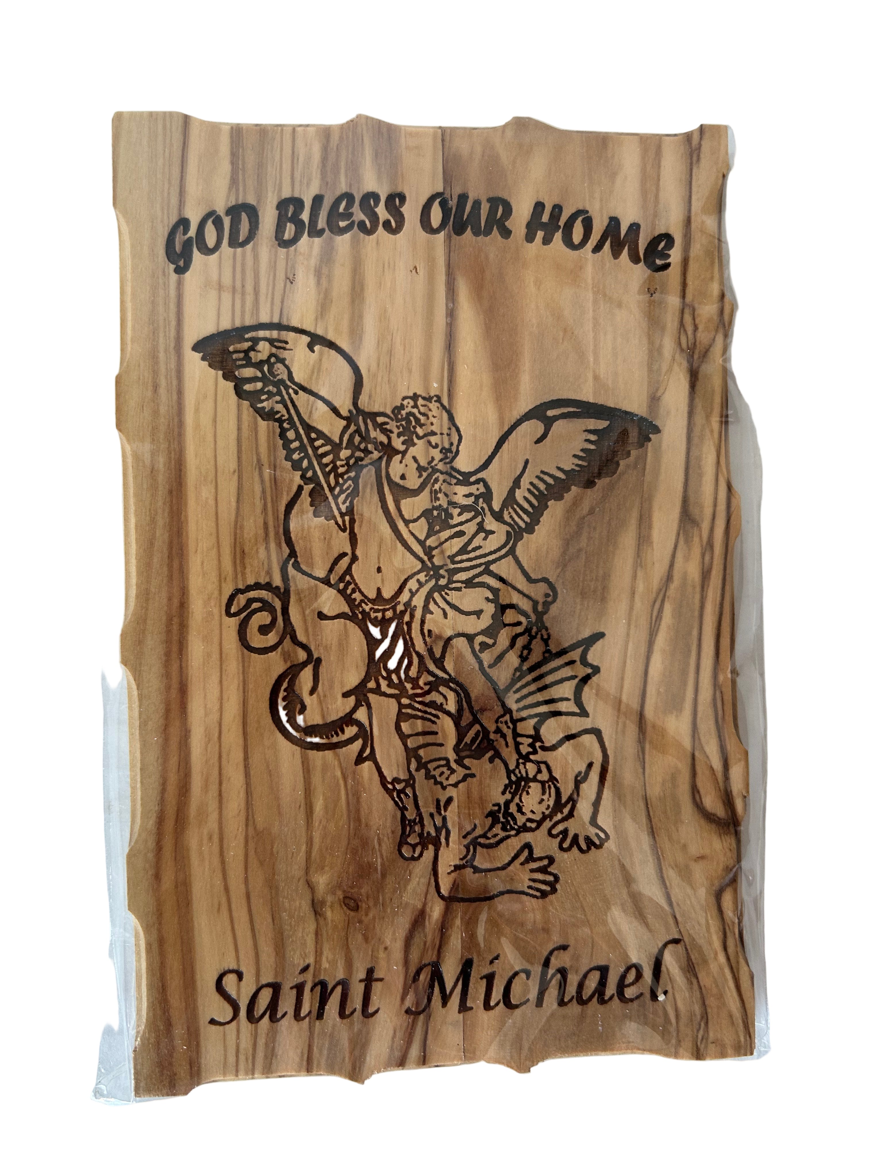 Olive Wood Plaque – Saint Michael “God Bless Our Home” – Handmade in Jerusalem