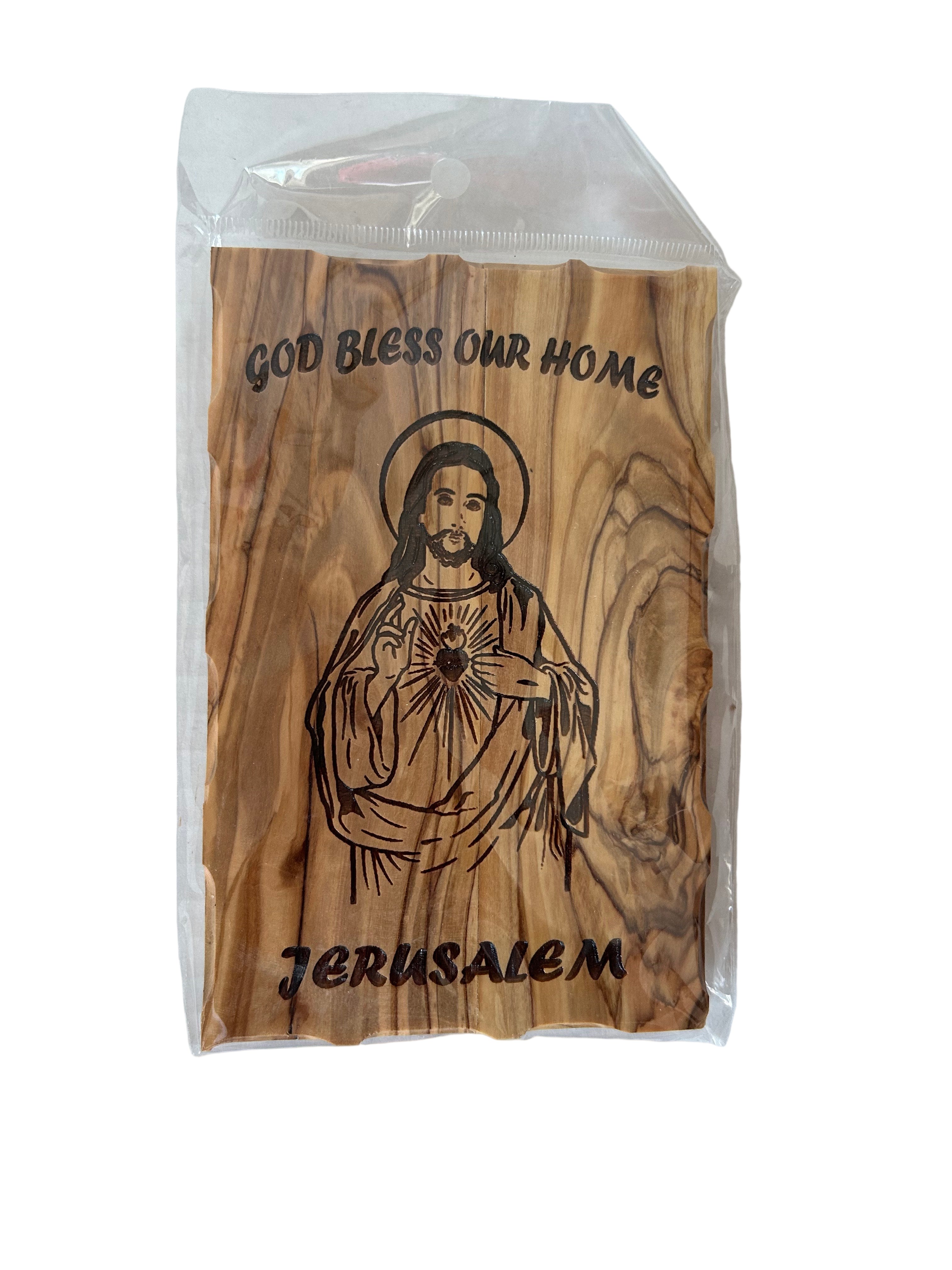 Olive Wood Wall Plaque – Sacred Heart of Jesus “God Bless Our Home” – Handmade in Jerusalem