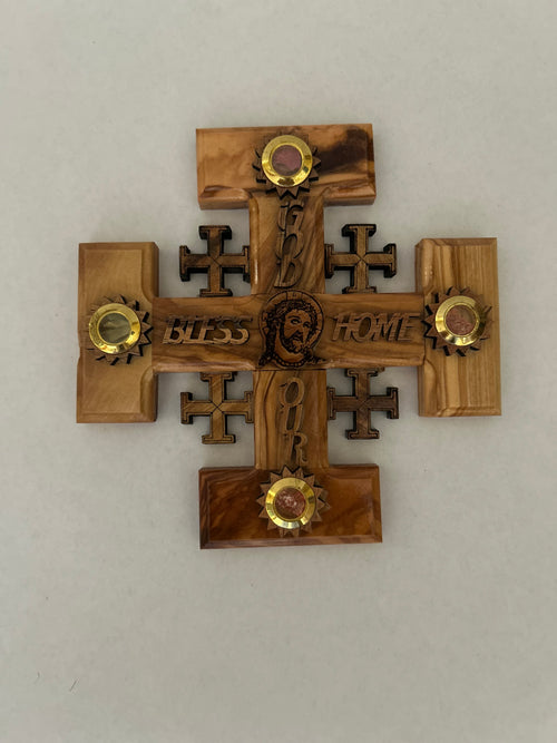 Handcrafted Olive Wood Jerusalem Cross with "God Bless Our Home" Engraving