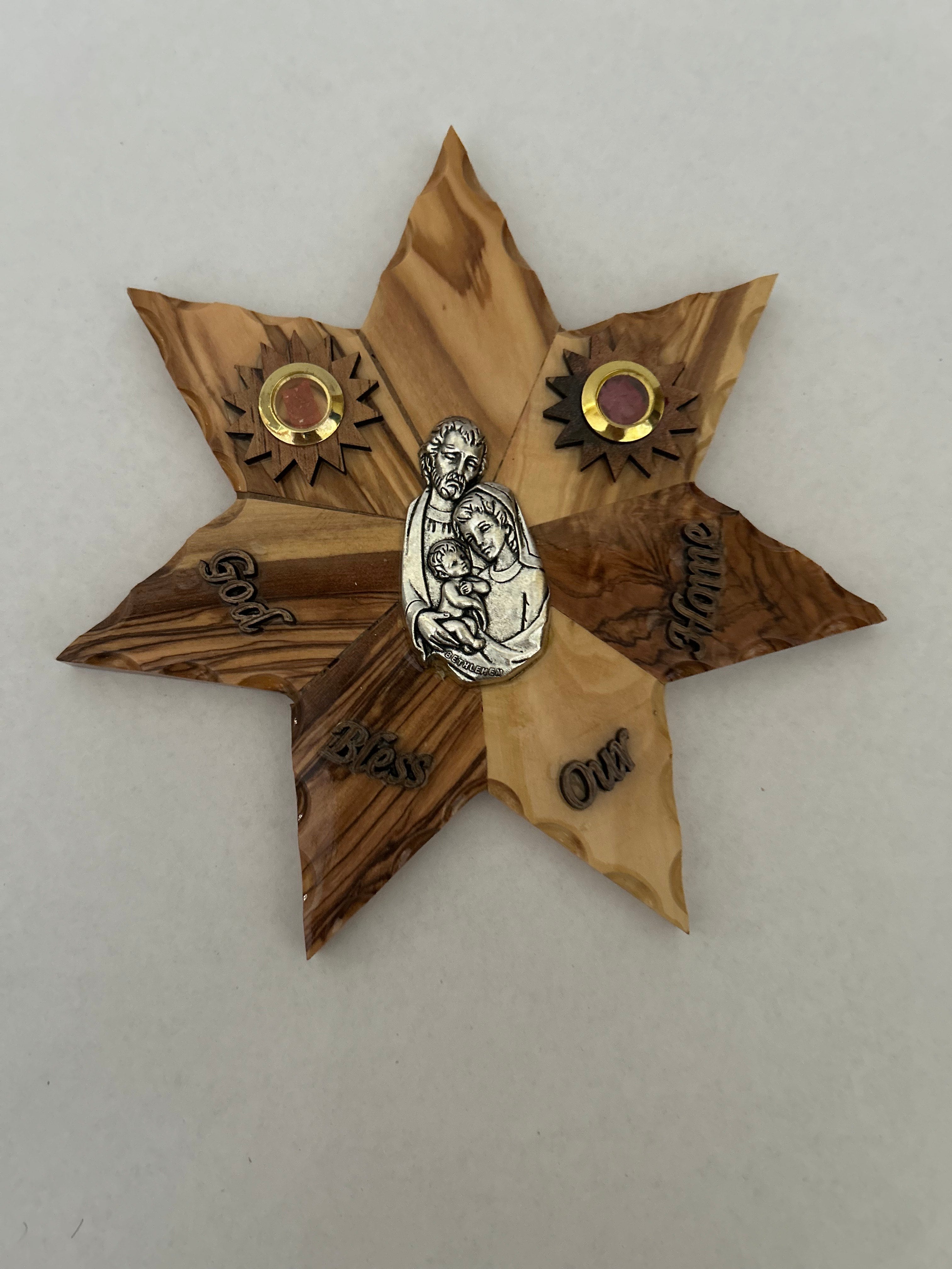 Star-Shaped Olive Wood Plaque with Holy Family and "God Bless Our Home" Inscription