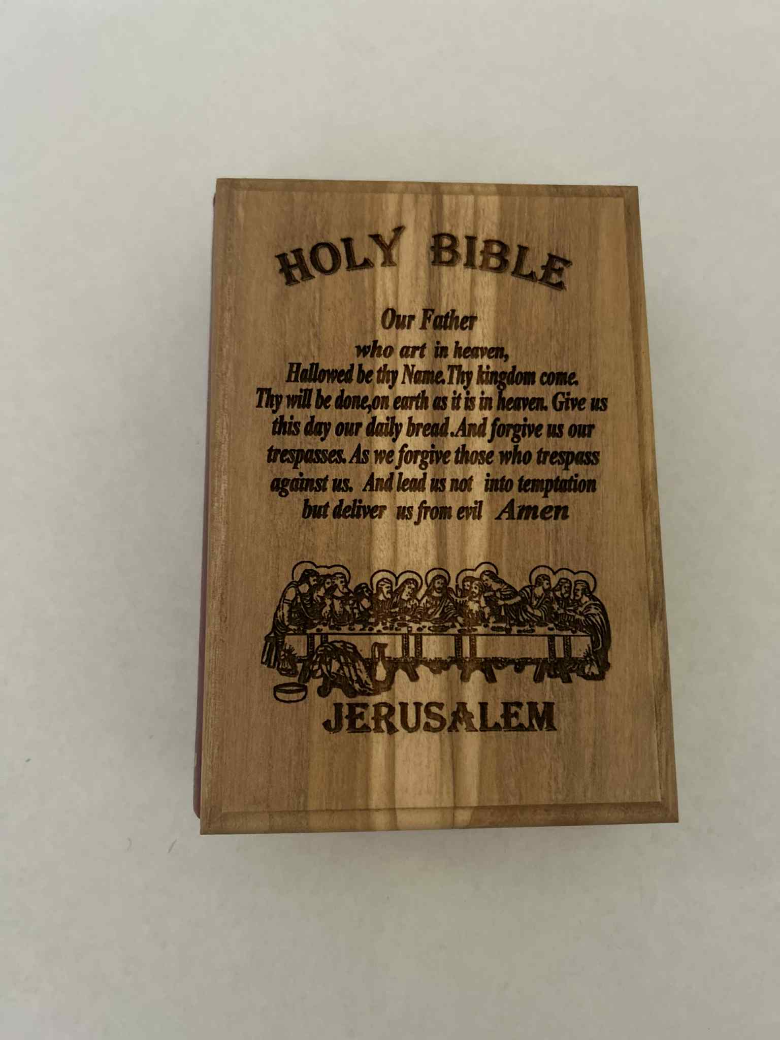 Olive Wood Holy Bible with Lord's Prayer and Last Supper Engraving