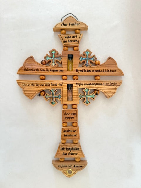 “Our Father” Wall Cross – Handcrafted Olive Wood with Holy Land Elements
