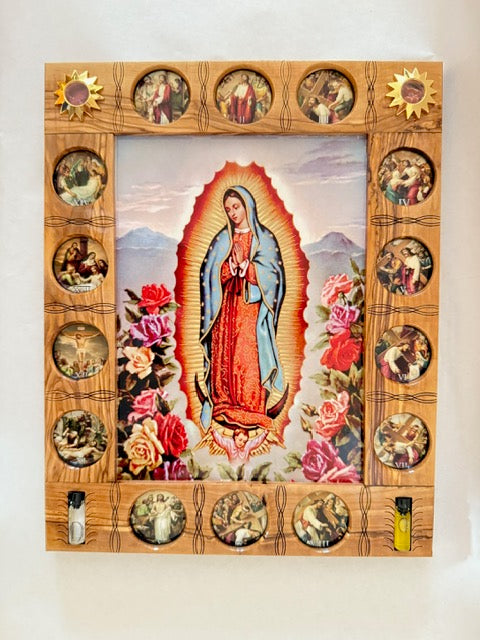 Our Lady of Guadalupe Olive Wood Wall Frame with Stations of the Cross