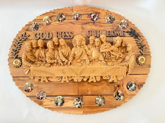 Olive Wood Last Supper Wall Plaque with “God Bless Our Home” and Stations of the Cross