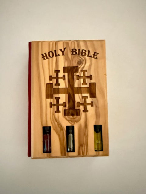 Holy Bible with Engraved Olive Wood Cover, Jerusalem Cross, and 3 Symbolic Bottles