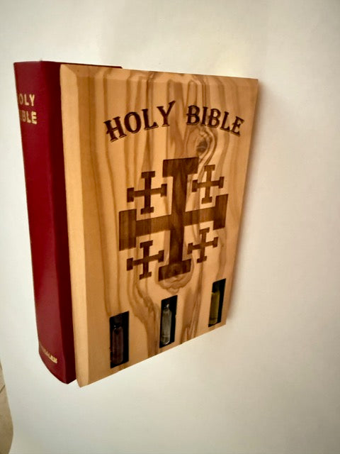 Holy Bible with Engraved Olive Wood Cover, Jerusalem Cross, and 3 Symbolic Bottles